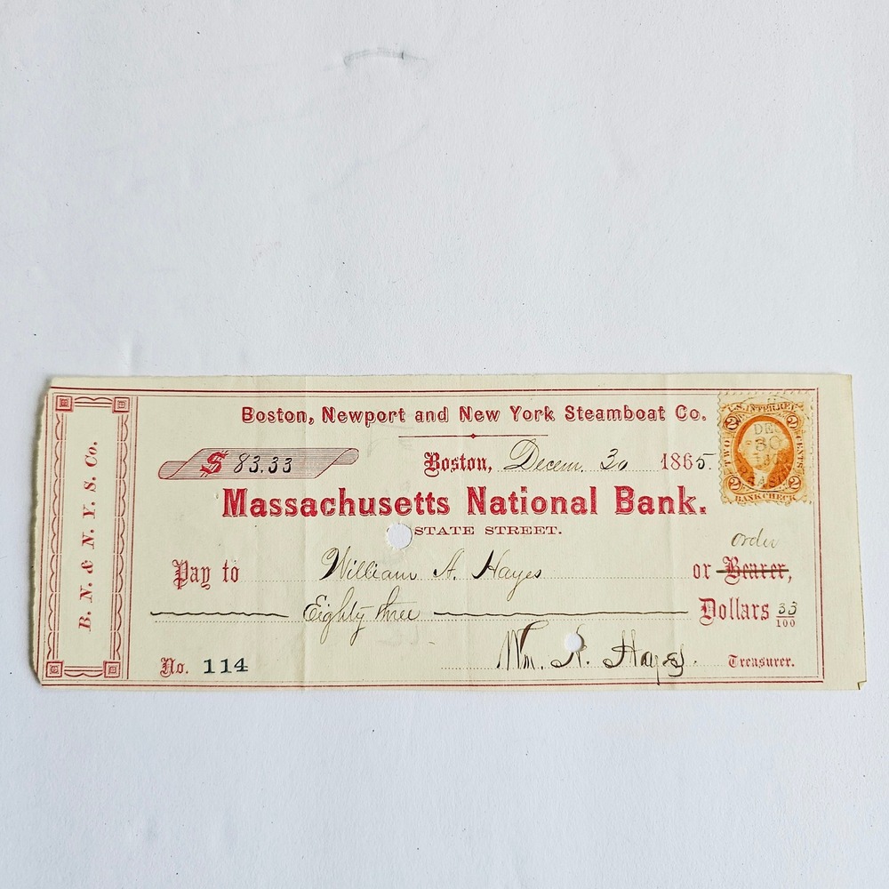 1865 Massachusetts National Bank‎ Check Boston Newport NY Steamboat Co Ephemera